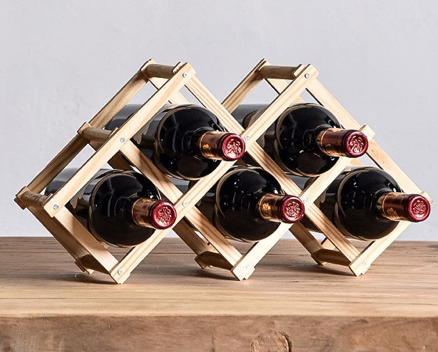 Luvino Wooden Wine Rack – Foldable & Stackable Wine Storage Organizer for Countertop, Cabinets & Bar – Rustic Wood Bottle Holder (Holds 6 Bottles)