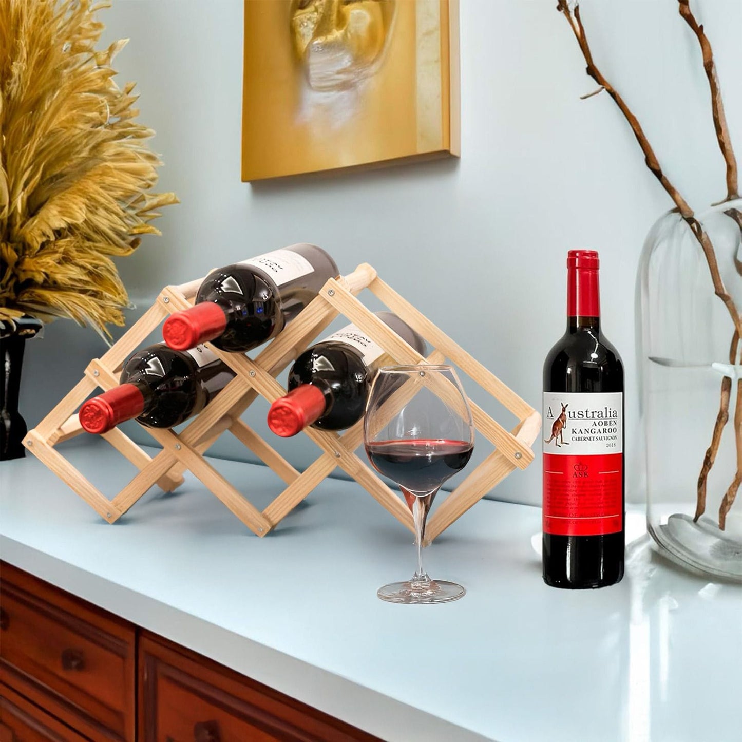 Luvino Wooden Wine Rack – Foldable & Stackable Wine Storage Organizer for Countertop, Cabinets & Bar – Rustic Wood Bottle Holder (Holds 6 Bottles)