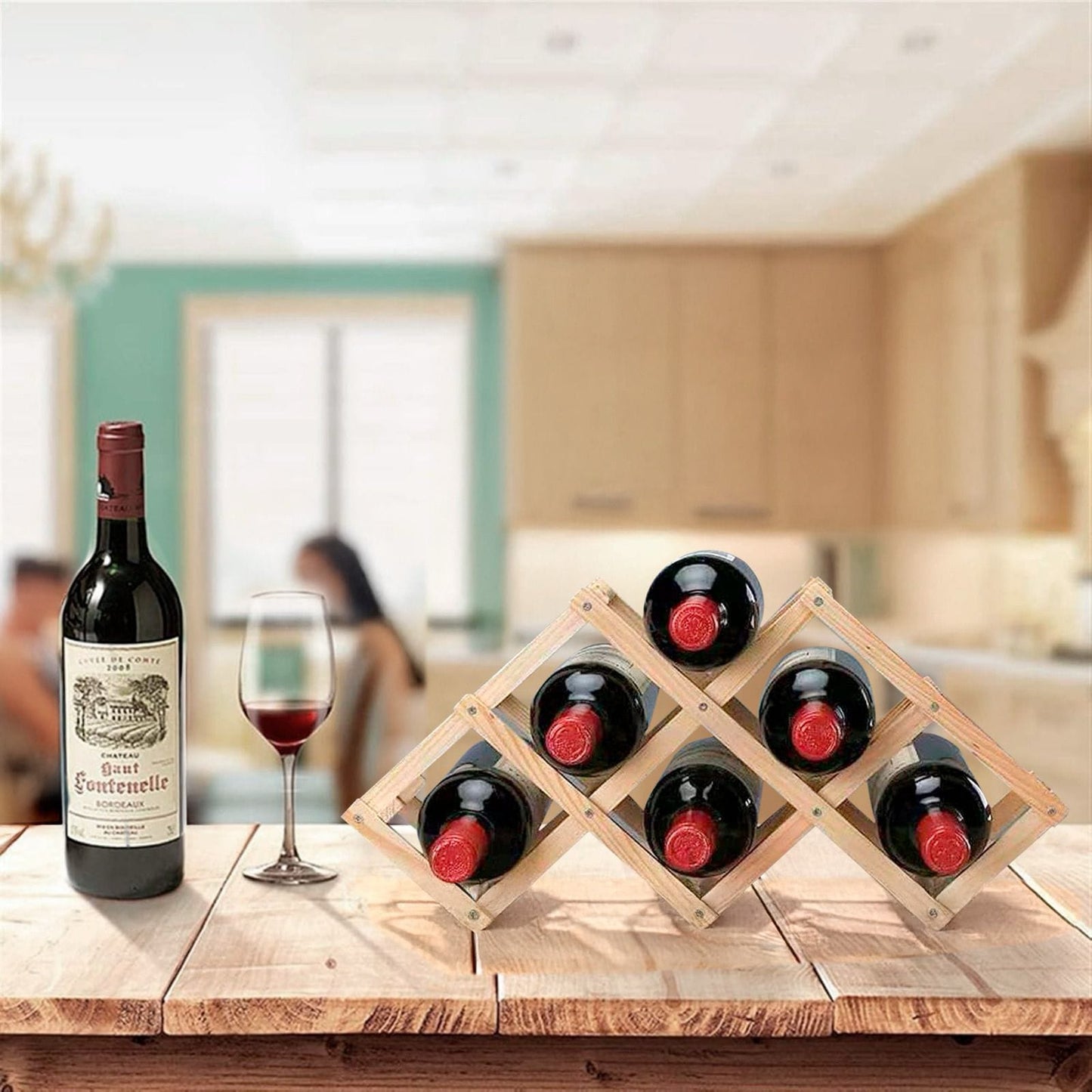 Luvino Wooden Wine Rack – Foldable & Stackable Wine Storage Organizer for Countertop, Cabinets & Bar – Rustic Wood Bottle Holder (Holds 6 Bottles)