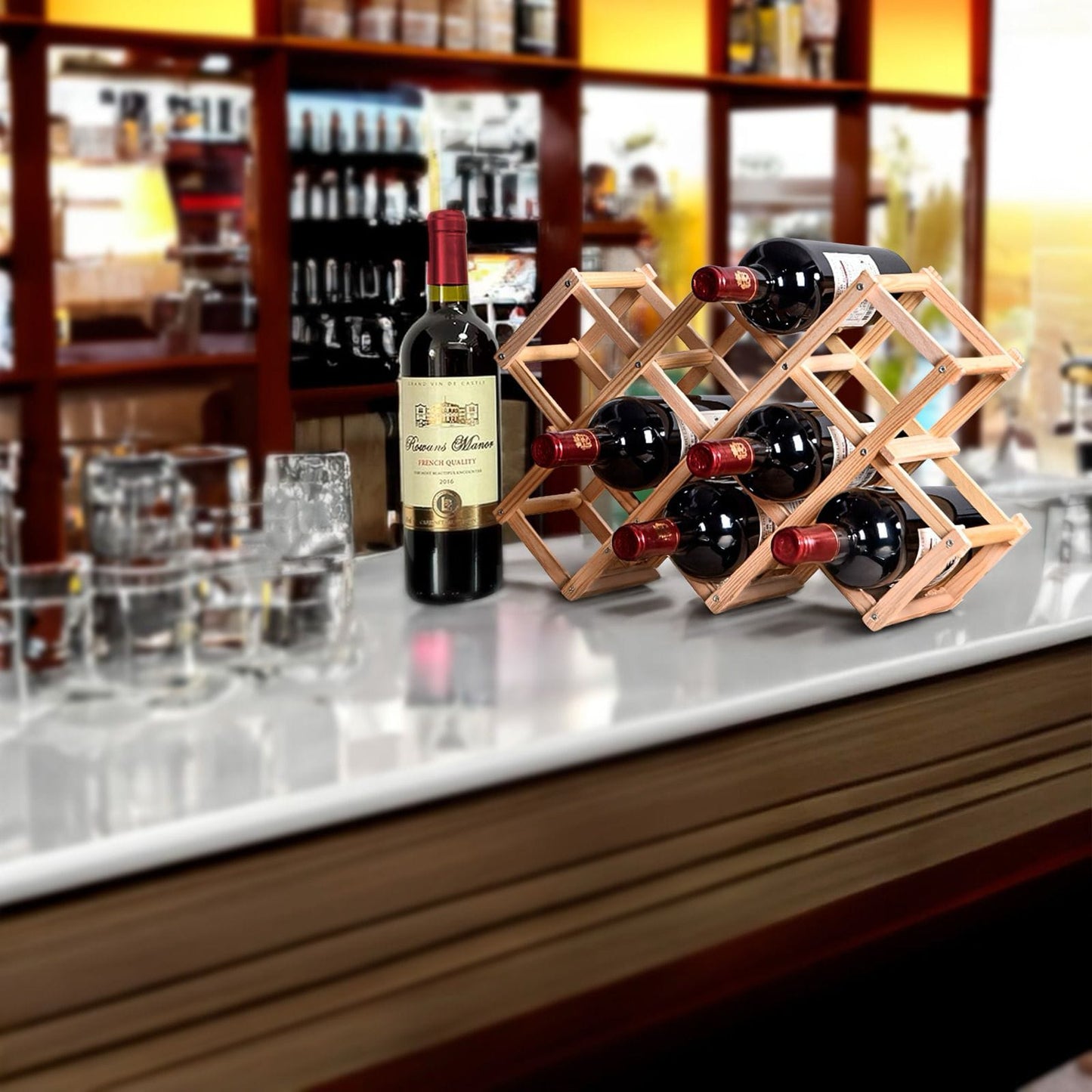 Luvino Wooden Wine Rack – Foldable & Stackable Organizer for Countertop & Bar – Rustic Bottle Holder (Holds 10 Bottles)