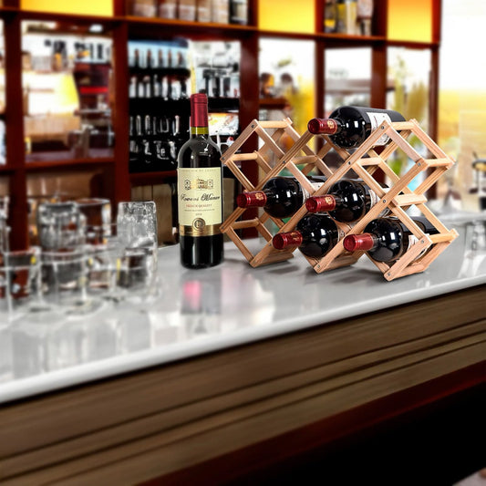 Luvino Wooden Wine Rack – Foldable & Stackable Organizer for Countertop & Bar – Rustic Bottle Holder (Holds 10 Bottles)