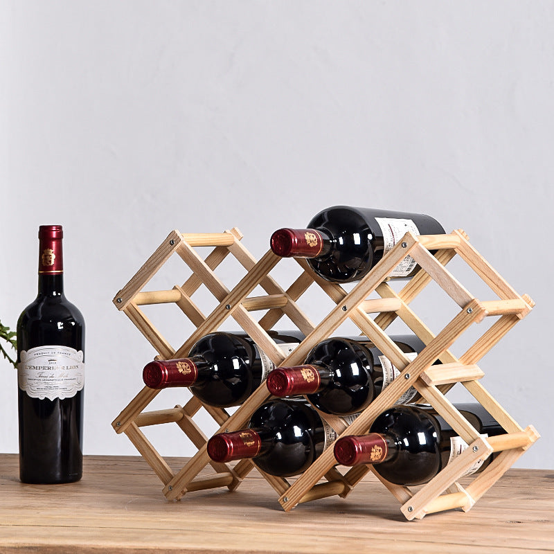 Luvino Wooden Wine Rack – Foldable & Stackable Organizer for Countertop & Bar – Rustic Bottle Holder (Holds 10 Bottles)