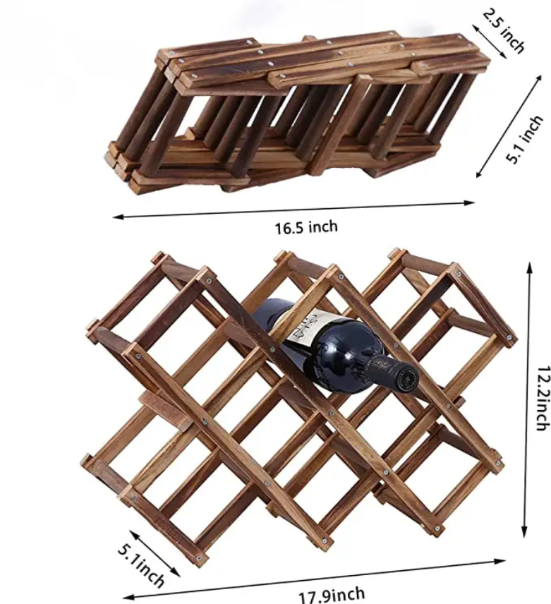 Luvino Wooden Wine Rack – Foldable & Stackable Organizer for Countertop & Bar – Rustic Bottle Holder (Holds 10 Bottles)