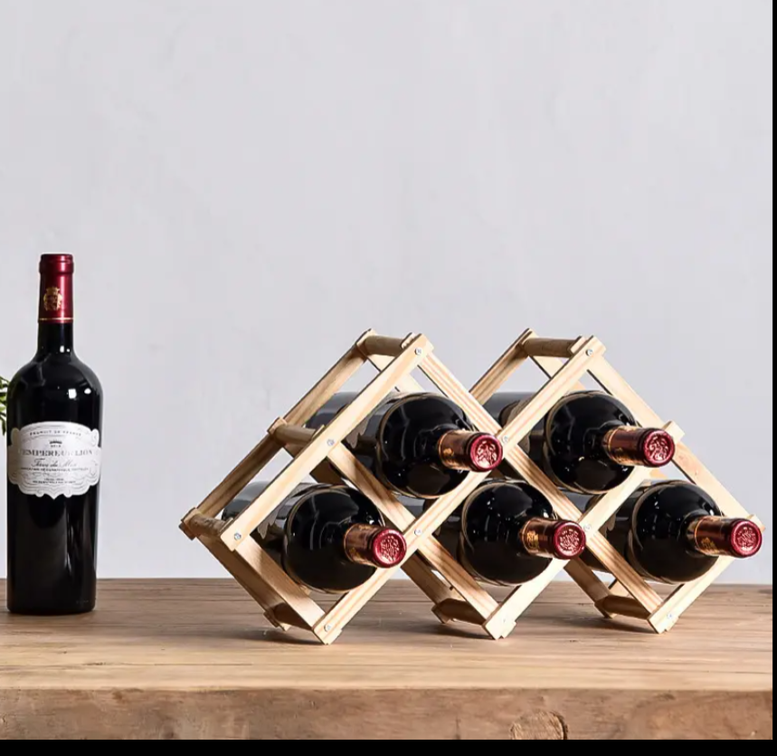 Luvino Wooden Wine Rack – Foldable & Stackable Wine Storage Organizer for Countertop, Cabinets & Bar – Rustic Wood Bottle Holder (Holds 6 Bottles)