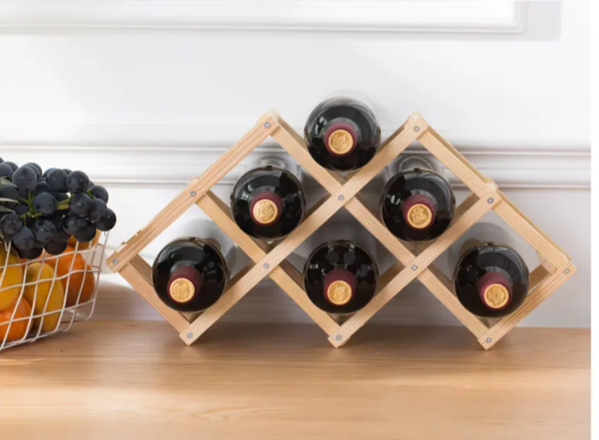 Luvino Wooden Wine Rack – Foldable & Stackable Wine Storage Organizer for Countertop, Cabinets & Bar – Rustic Wood Bottle Holder (Holds 6 Bottles)
