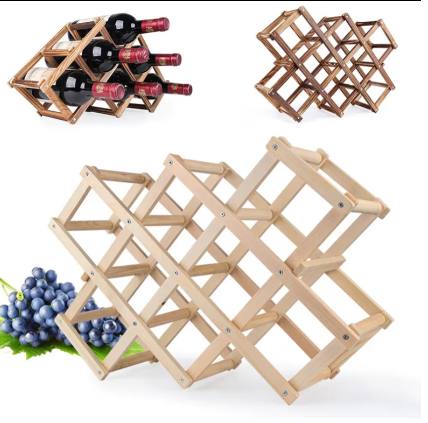 Luvino Wooden Wine Rack – Foldable & Stackable Organizer for Countertop & Bar – Rustic Bottle Holder (Holds 10 Bottles)