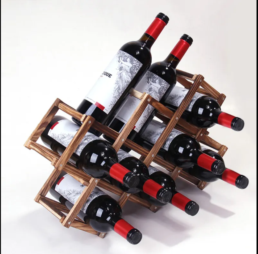 Luvino Wooden Wine Rack – Foldable & Stackable Organizer for Countertop & Bar – Rustic Bottle Holder (Holds 10 Bottles)