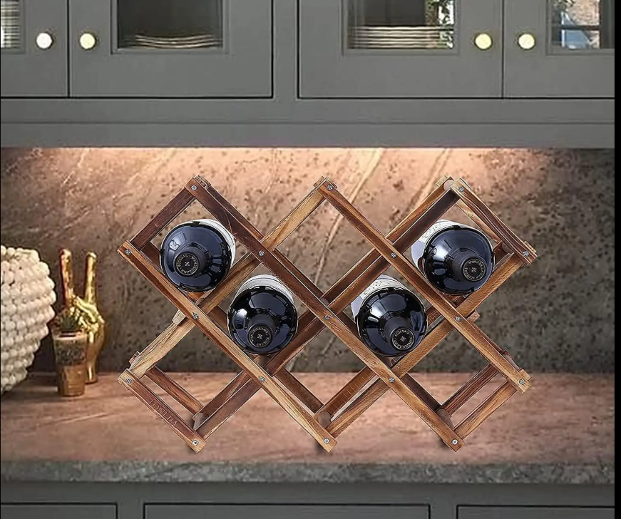 Luvino Wooden Wine Rack – Foldable & Stackable Organizer for Countertop & Bar – Rustic Bottle Holder (Holds 10 Bottles)